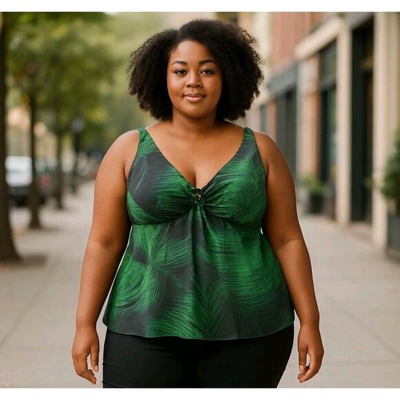 Cacique Plunge Tankini Top 44G Green Palm Keyhole Tropical Underwire Bra Swim - Picture 1 of 11
